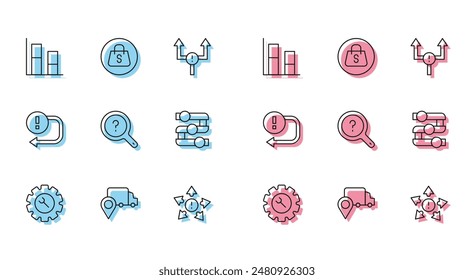 Set line Wrench and gear, Delivery tracking, Graph, chart, diagram, Many ways directional arrow, Unknown search, Arrow and Shopping bag with Sale icon. Vector