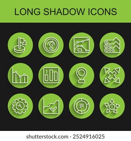Set line Wrench and gear, Financial growth increase, Flag, Pie chart infographic, Many ways directional arrow,  and Location icon. Vector