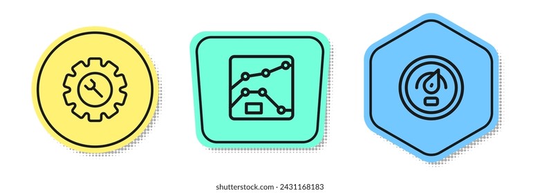 Set line Wrench and gear, Graph, chart, diagram and Digital speed meter. Colored shapes. Vector