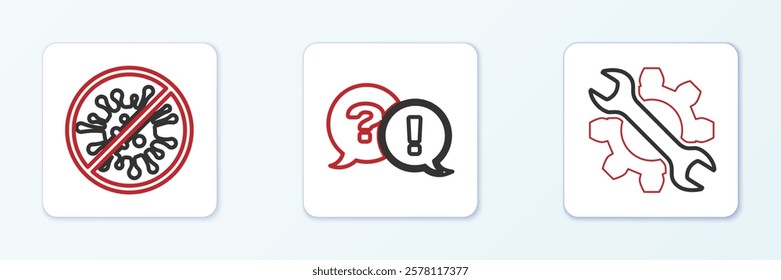 Set line Wrench and gear, Stop virus, bacteria and Question Exclamation icon. Vector