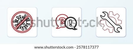 Set line Wrench and gear, Stop virus, bacteria and Question Exclamation icon. Vector