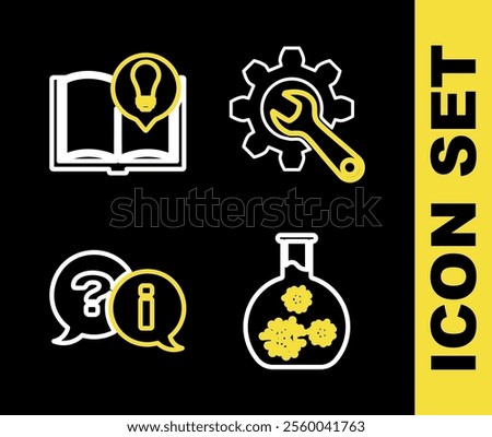 Set line Wrench and gear, Test tube with virus, Question Exclamation and Interesting facts icon. Vector