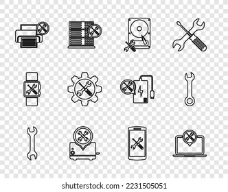 Set line Wrench, Laptop service, Hard disk drive, Toaster, Printer, and screwdriver gear, Smartphone and  icon. Vector