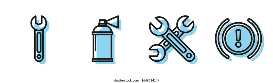 Set line Wrench, Wrench, Paint spray can and Brake system warning icon. Vector