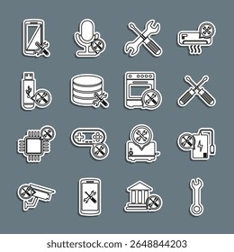 Ajuste a chave inglesa, Serviço de banco de energia, chaves de fenda cruzadas e chave inglesa, Servidor de banco de dados, flash USB, Smartphone e ícone de forno. Vetor