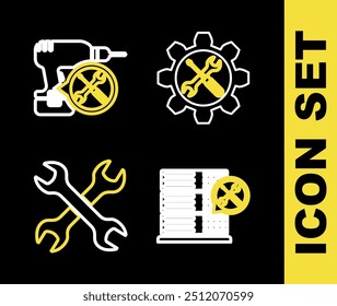 Set line Wrench and screwdriver in gear, Database server service, Crossed wrenchs and Drill machine icon. Vector