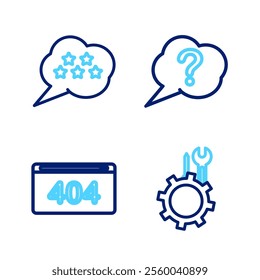 Set line Wrench and screwdriver in gear, Page with 404 error, Speech bubble Question and Five stars rating review icon. Vector