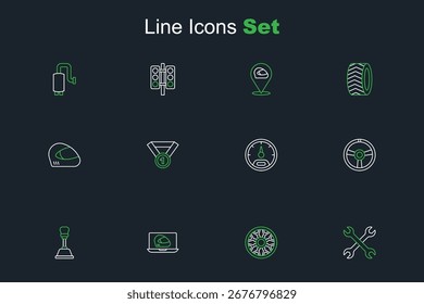 Llave inglesa de línea, rueda de aleación para el coche, casco de carreras, cambio de marchas, dirección, velocímetro, medalla e icono. Vector