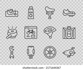 Set line Wrench spanner, Bicycle pedals, seat, Mobile holder, on street ramp, rental mobile app, wheel and Hiking backpack icon. Vector