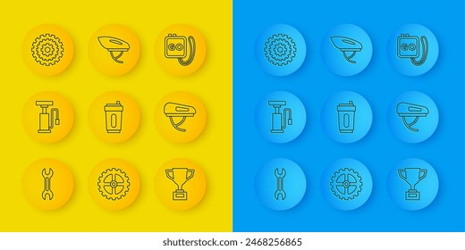 Set line Wrench spanner, Bicycle air pump, Sport bottle with water, Award cup bicycle, helmet, cassette, Stopwatch and  icon. Vector