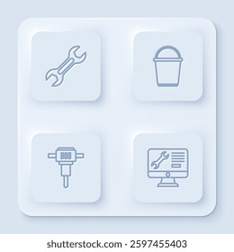 Set line Wrench spanner, Bucket, Construction jackhammer and Computer monitor service. White square button. Vector