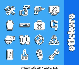 Fijar el spanner de la línea Llave, Constructor, Herramienta de frenado y tornillo, Máquina de perforación eléctrica, Nivel de burbuja de la construcción, Cubo, Llave de martillo e icono del Cuadro de herramientas. Vector
