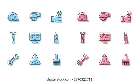 Set line Wrench spanner, Builder, Roulette construction, Paint brush, Computer monitor service, Stationery knife, Metallic screw and Electric circular saw icon. Vector