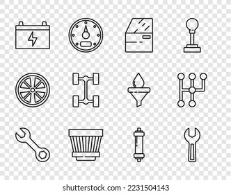 Fijar la llave inglesa de la línea, puerta del coche, filtro de aire, batería, coche del chasis, amortiguador de golpes e icono del selector de velocidades. Vector