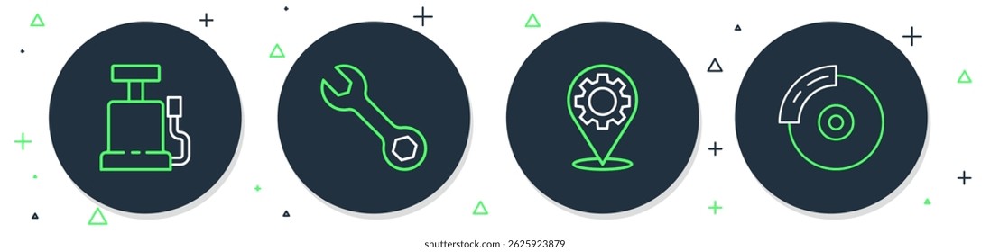 Definir linha Chave chave, Serviço de carro, bomba de ar e disco de freio com ícone de calibre. Vetor