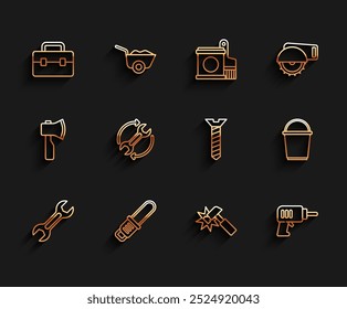 Set line Wrench spanner, Chainsaw, Toolbox, Hammer, Electric drill machine, and arrows as workflow, Bucket and Metallic screw icon. Vector