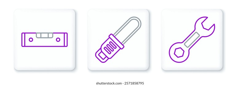 Set line Wrench spanner, Construction bubble level and Chainsaw icon. Vector