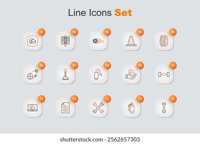 Set line Wrench spanner, Fire extinguisher, Racing helmet, Chassis car,  and Car muffler icon. Vector