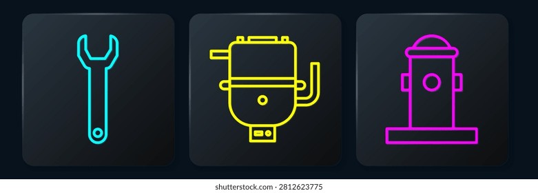 Set line Wrench spanner, Fire hydrant and Electric boiler for heating water. Black square button. Vector