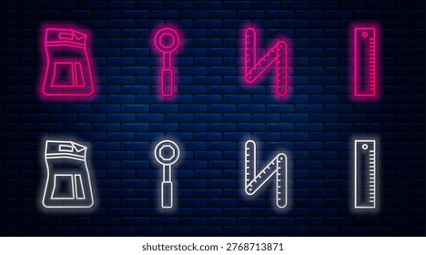Set line Wrench spanner, Folding ruler, Cement bag and Ruler. Glowing neon icon on brick wall. Vector