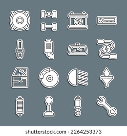 Set line Wrench spanner, Funnel and oil drop, Car battery jumper power cable, muffler, spark plug, audio speaker and mirror icon. Vector