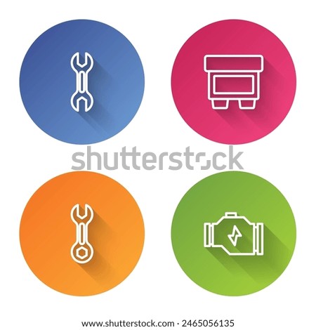 Set line Wrench spanner, Fuse,  and Check engine. Color circle button. Vector