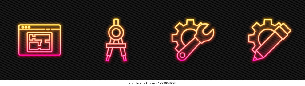 Fijar el vástago y el engranaje de la llave de la línea, plano de la casa, brújula de dibujo y lápiz. Icono de neón brillante. Vector