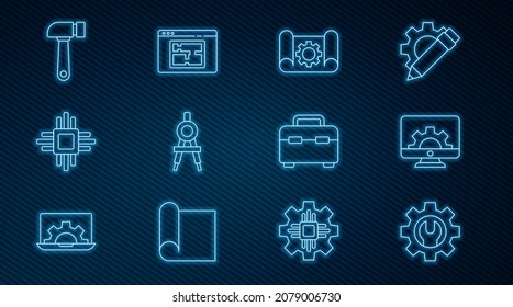 Set line Wrench spanner and gear, Computer monitor, Graphing paper, Drawing compass, Processor with microcircuits CPU, Hammer, Toolbox and House plan icon. Vector