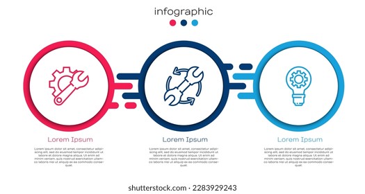 Set line Wrench spanner and gear, arrows as workflow and Light bulb. Business infographic template. Vector