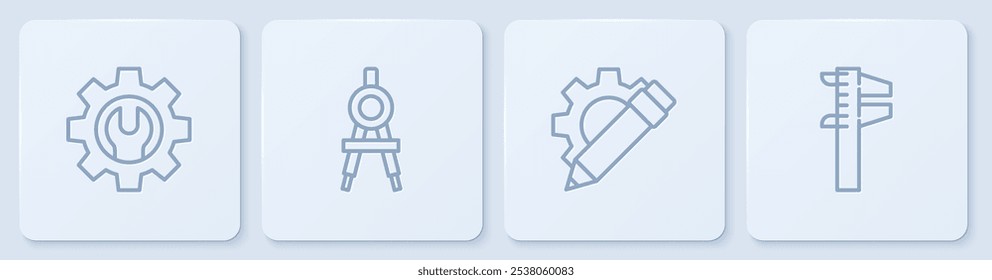 Set line Wrench spanner and gear, Pencil, Drawing compass and Calliper or caliper scale. White square button. Vector