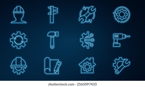 Set line Wrench spanner and gear, Electric drill machine, arrows as workflow, Hammer, Gear, Worker safety helmet, Algorithm and Calliper caliper scale icon. Vector