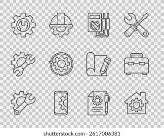 Set line Wrench spanner and gear, House with, Multimeter, Setting on smartphone, Gear arrows as workflow, Document settings pen and Toolbox icon. Vector