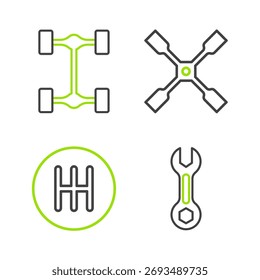 Set-Linie Schraubenschlüssel-Schraubenschlüssel, Gangschaltung, Rad-Schraubenschlüssel und Chassis Auto Symbol. Vektorgrafik