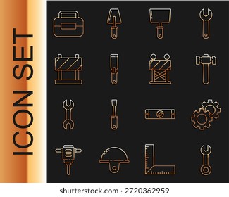 Llave inglesa de línea, engranaje, martillo, cuchillo de masilla, archivo de metal Rasp, barrera de carretera, caja de herramientas e icono. Vector