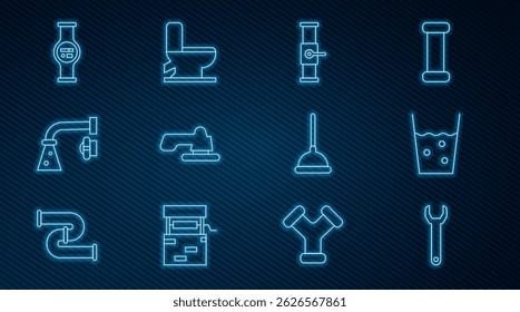 Set line Wrench spanner, Glass with water, Industry pipe and valve, Water tap, meter, Rubber plunger and Toilet bowl icon. Vector