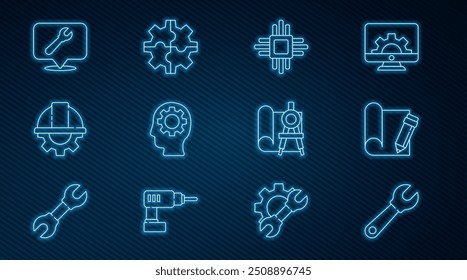 Llave inglesa de línea, Papel y lápiz gráfico, Procesador con CPU de microcircuitos, Equipo de cabeza humana en el interior, Casco de seguridad para trabajadores, llave de Locación, brújula e ícono de engranaje. Vector