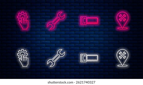 Set line Wrench spanner, Hand saw, Settings in the hand and Location with wrench. Glowing neon icon on brick wall. Vector