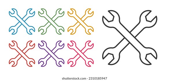 Set line Wrench spanner icon isolated on white background. Spanner repair tool. Service tool symbol. Set icons colorful. Vector