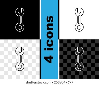 Conjunto de línea Icono de llave inglesa aislado en blanco y negro, fondo transparente.  Vector