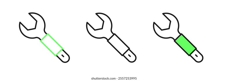 Set line Wrench spanner icon isolated on white background. Spanner repair tool. Service tool symbol.  Vector