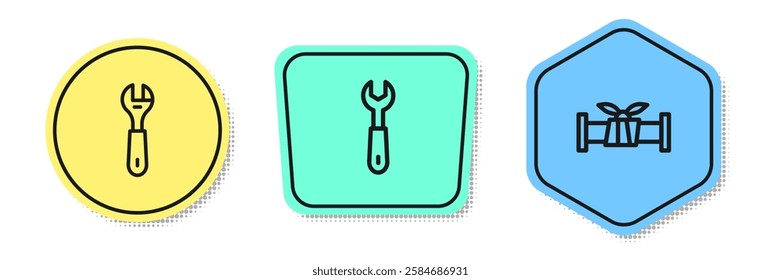 Set line Wrench spanner,  and Industry metallic pipe. Colored shapes. Vector