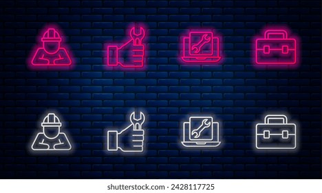 Set line Wrench spanner, Laptop service, Builder and Toolbox. Glowing neon icon on brick wall. Vector