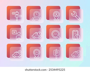 Set line Wrench spanner, Location taxi car, Search, Parking, Taxi waiting time, client, Road traffic sign and  icon. Vector