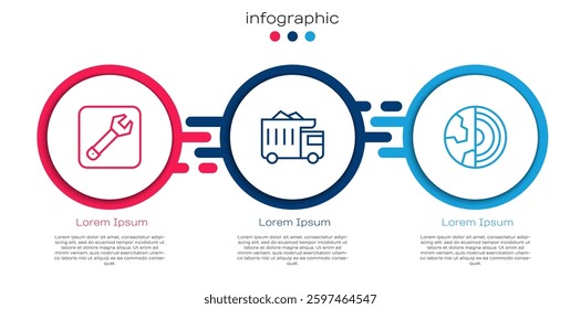 Set line Wrench spanner, Mining dump truck and Earth core structure crust. Business infographic template. Vector
