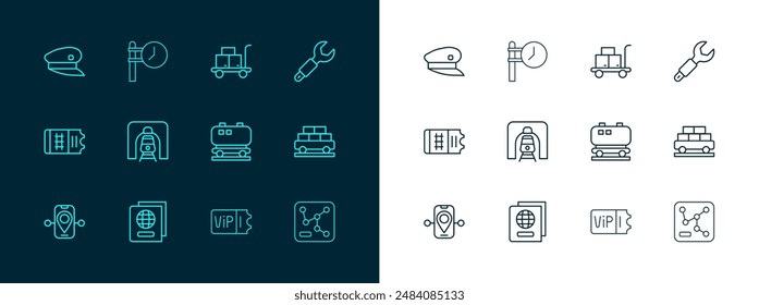 Set line Wrench spanner, Passport, Oil railway cistern, Train ticket, tunnel, Trolley suitcase, driver hat and station clock icon. Vector