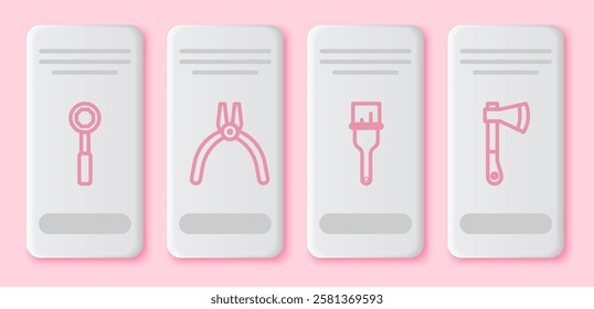 Set line Wrench spanner, Pliers tool, Paint brush and Wooden axe. White rectangle button. Vector