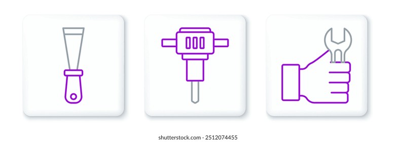 Definir linha Chave chave chave chave, Putty faca e construção ícone jackhammer. Vetor