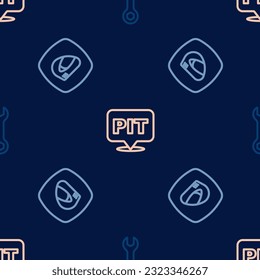 Set line Wrench spanner, Racing helmet and Pit stop on seamless pattern. Vector