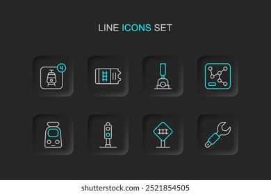 Llave inglesa de línea, cruce de ferrocarril, semáforo de tren y ferrocarril, mapa de ferrocarril, flecha para cambiar el billete e icono de reserva en línea. Vector