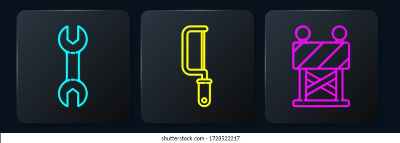 Fijar la llave de paso, la barrera de carreteras y la motosierra. Botón cuadrado negro. Vector